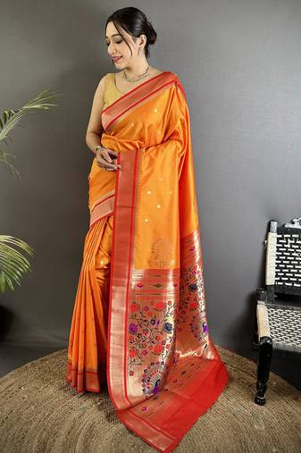 orange lichi silk blend peacock & floral motifs zari weaving paithani saree