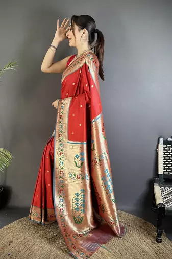 red lichi silk blend ikkat floral motifs zari woven paithani saree