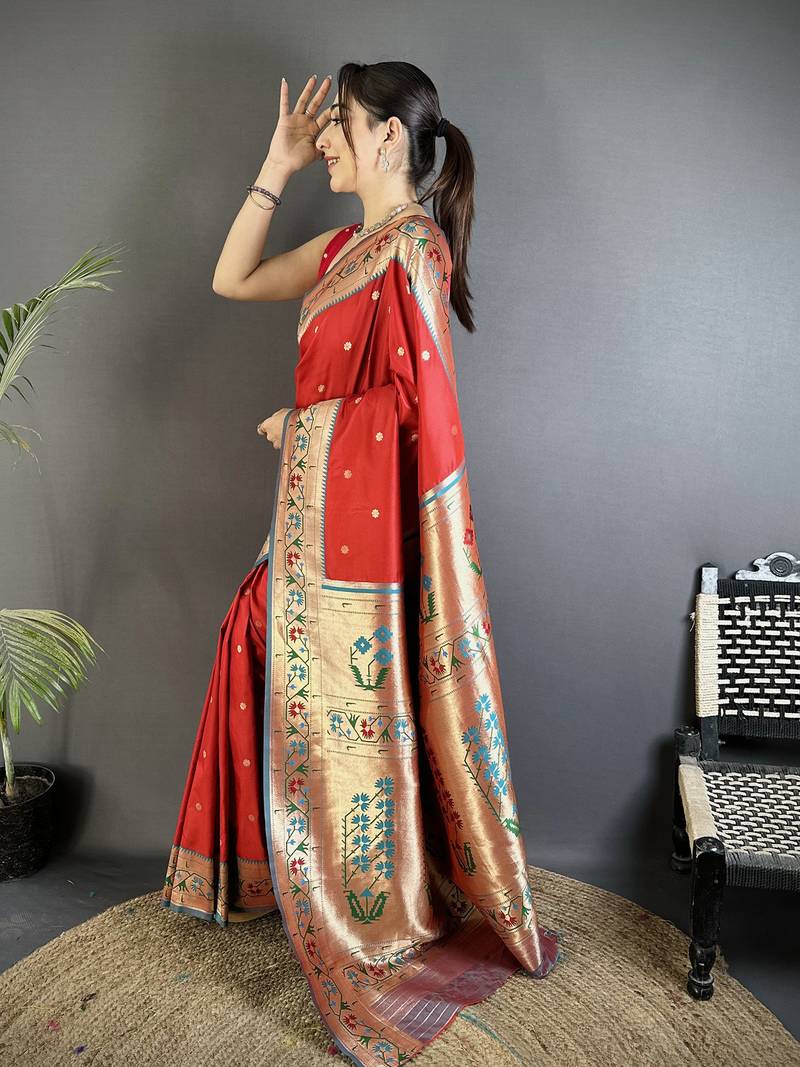 red lichi silk blend ikkat floral motifs zari woven paithani saree