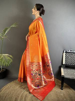 orange lichi silk blend peacock & floral motifs zari weaving paithani saree 2