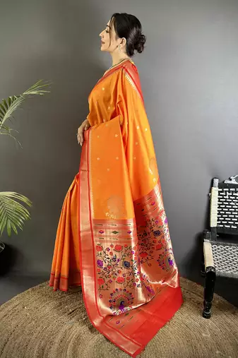 orange lichi silk blend peacock & floral motifs zari weaving paithani saree