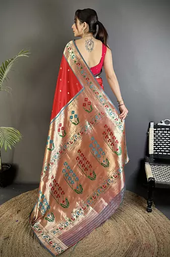 red lichi silk blend ikkat floral motifs zari woven paithani saree