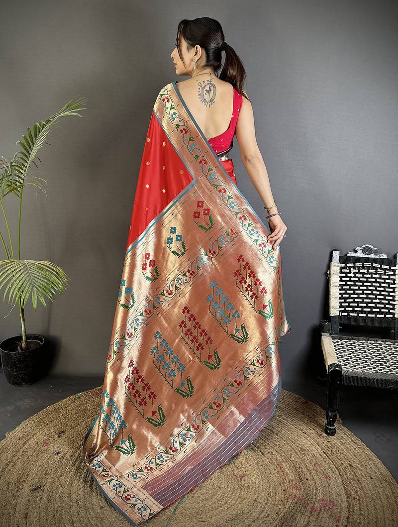 red lichi silk blend ikkat floral motifs zari woven paithani saree