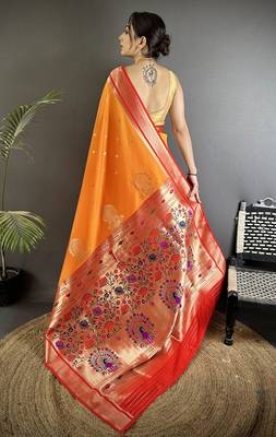 orange lichi silk blend peacock & floral motifs zari weaving paithani saree 3