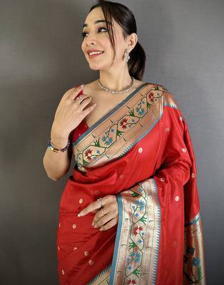 red lichi silk blend ikkat floral motifs zari woven paithani saree 4
