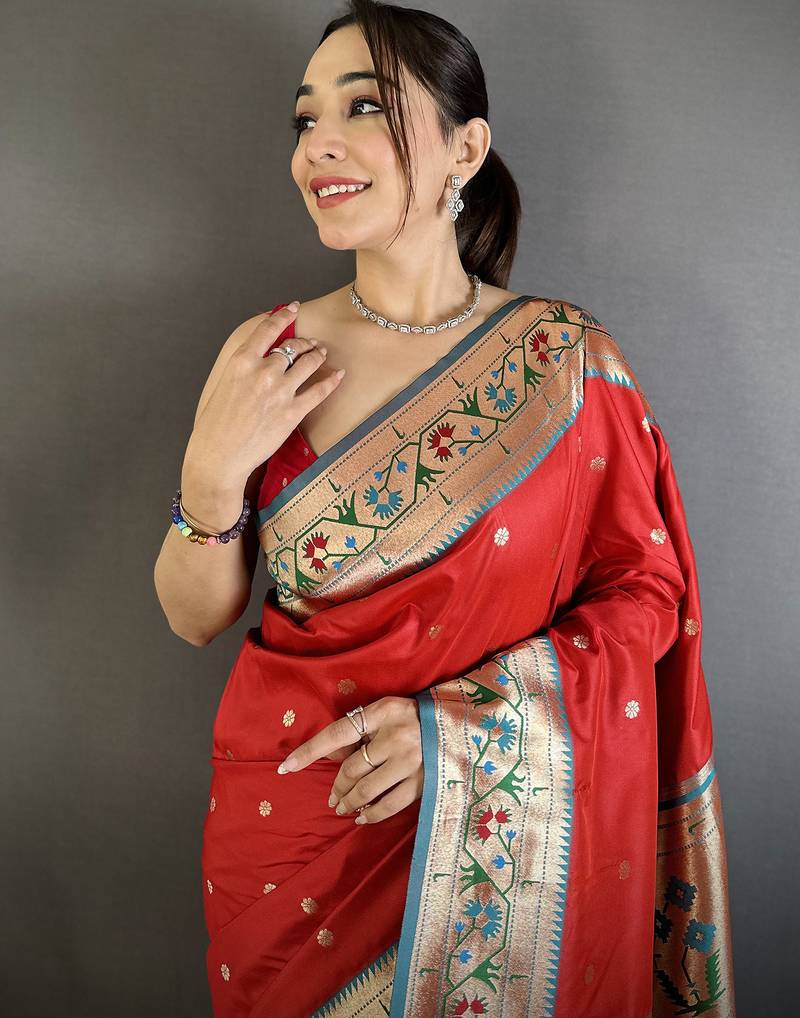 red lichi silk blend ikkat floral motifs zari woven paithani saree