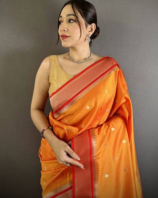 orange lichi silk blend peacock & floral motifs zari weaving paithani saree 4