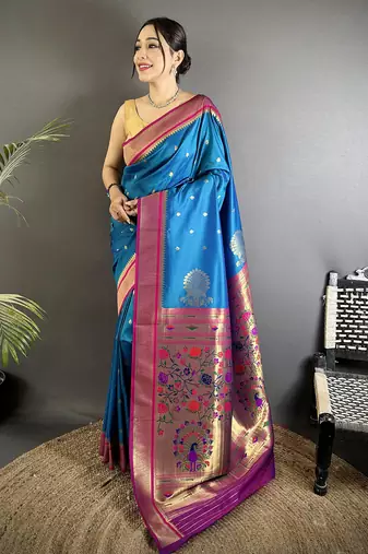 teal blue lichi silk blend peacock & floral motifs zari weaving paithani saree