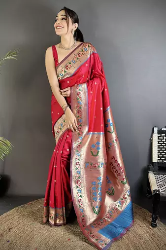 ruby red lichi silk blend ikkat floral motifs zari woven paithani saree