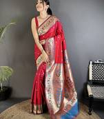 ruby red lichi silk blend ikkat floral motifs zari woven paithani saree