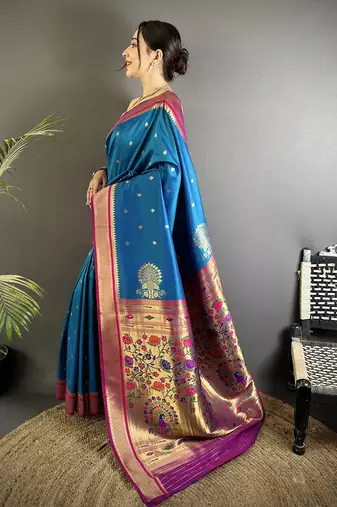 teal blue lichi silk blend peacock & floral motifs zari weaving paithani saree