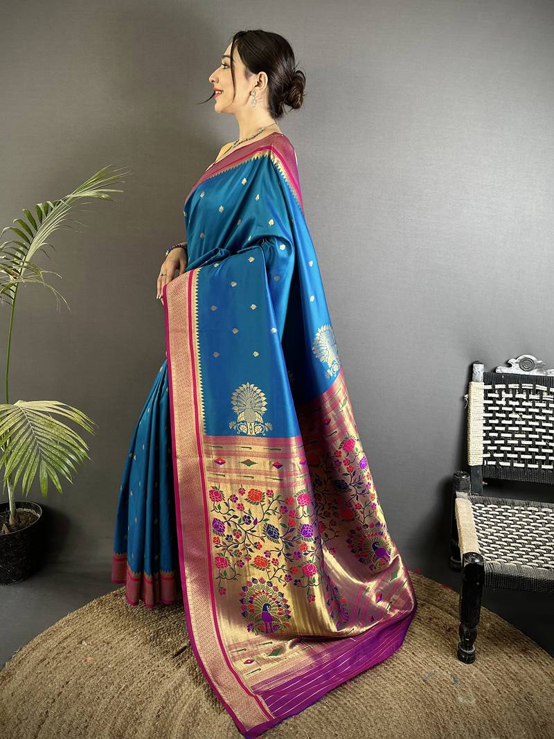teal blue lichi silk blend peacock & floral motifs zari weaving paithani saree
