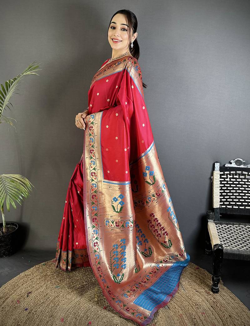 ruby red lichi silk blend ikkat floral motifs zari woven paithani saree