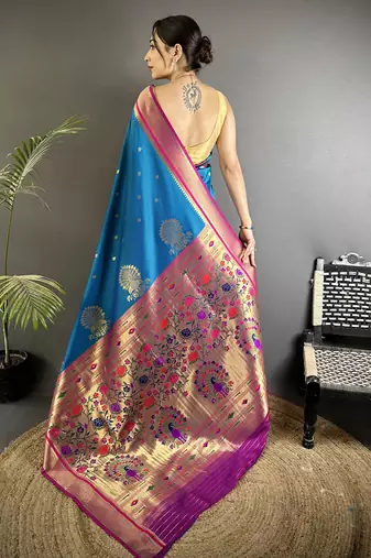 teal blue lichi silk blend peacock & floral motifs zari weaving paithani saree