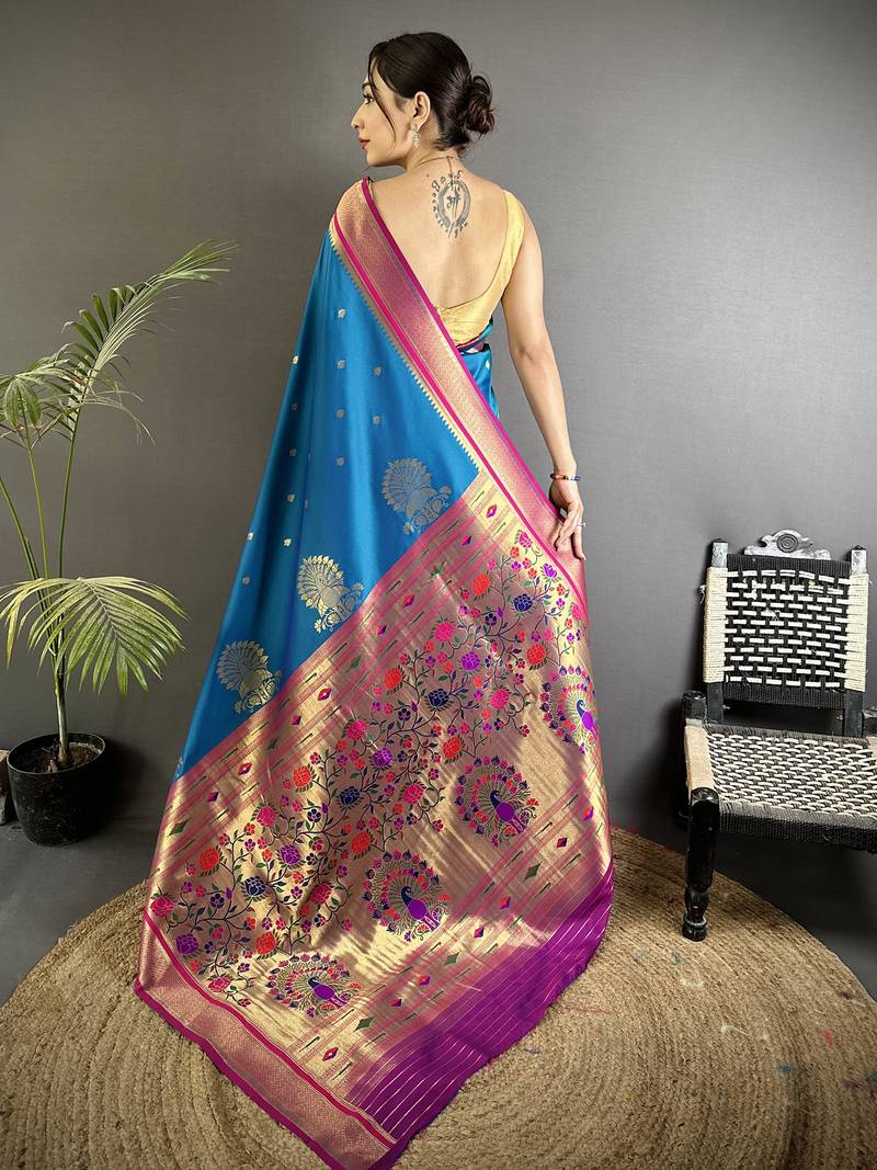 teal blue lichi silk blend peacock & floral motifs zari weaving paithani saree