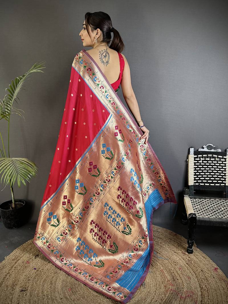 ruby red lichi silk blend ikkat floral motifs zari woven paithani saree
