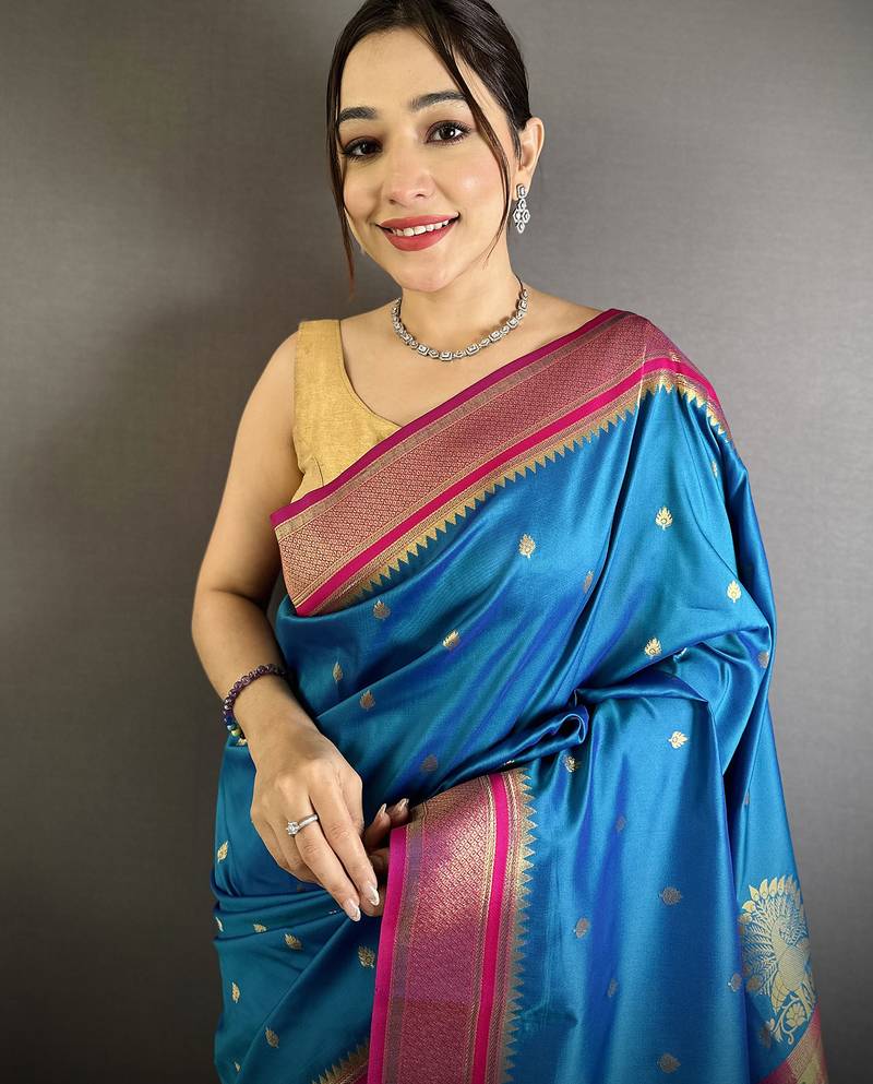 teal blue lichi silk blend peacock & floral motifs zari weaving paithani saree