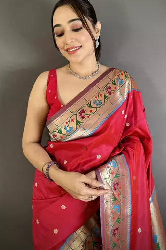 ruby red lichi silk blend ikkat floral motifs zari woven paithani saree