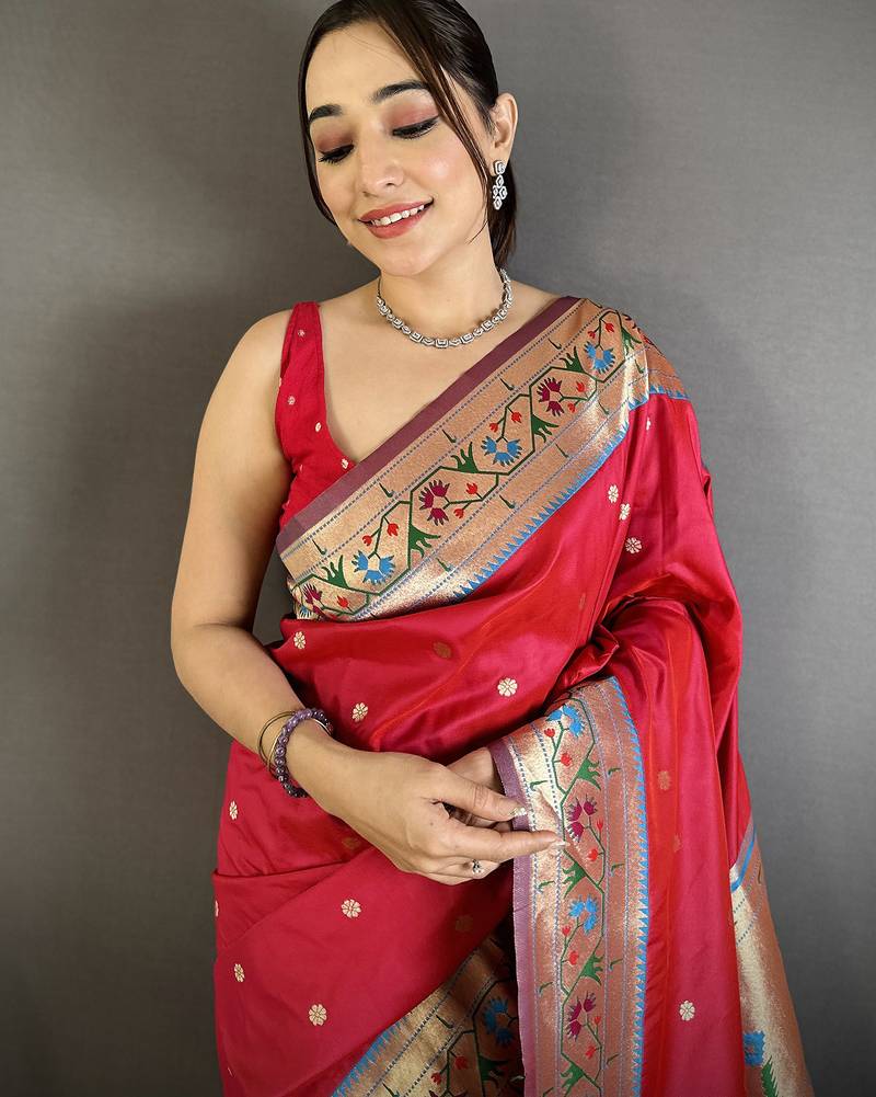 ruby red lichi silk blend ikkat floral motifs zari woven paithani saree