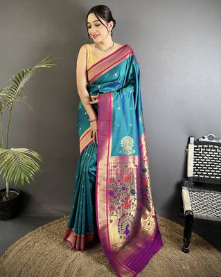 teal lichi silk blend peacock & floral motifs zari weaving paithani saree 1