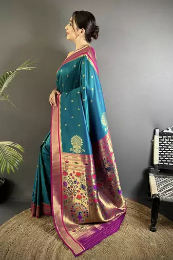 teal lichi silk blend peacock & floral motifs zari weaving paithani saree