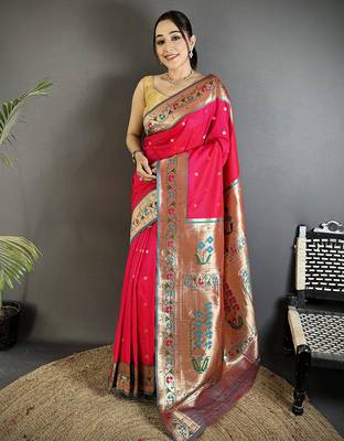 crimson lichi silk blend ikkat floral motifs zari woven paithani saree 1