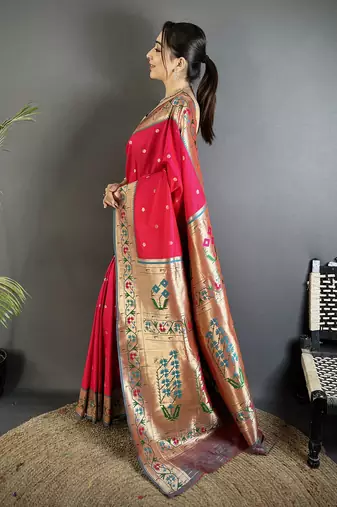 crimson lichi silk blend ikkat floral motifs zari woven paithani saree