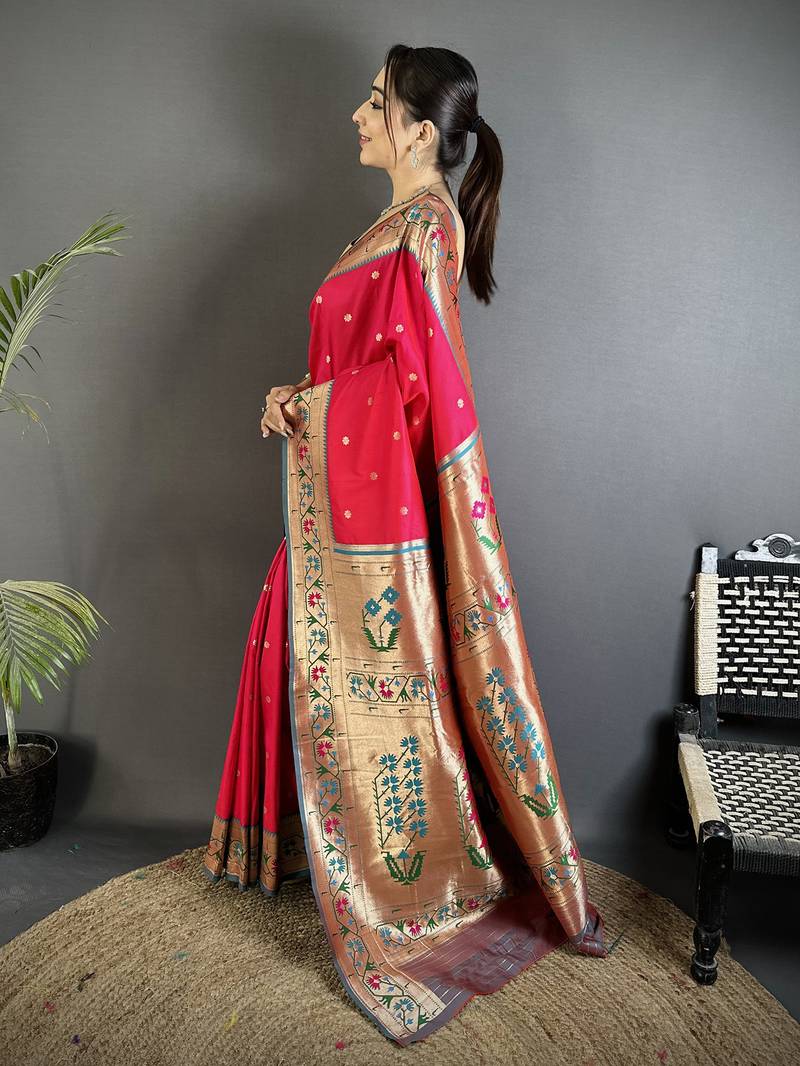 crimson lichi silk blend ikkat floral motifs zari woven paithani saree