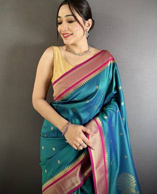 teal lichi silk blend peacock & floral motifs zari weaving paithani saree 4