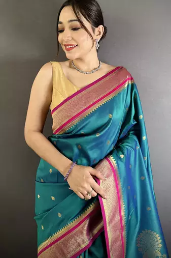 teal lichi silk blend peacock & floral motifs zari weaving paithani saree