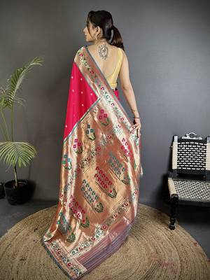crimson lichi silk blend ikkat floral motifs zari woven paithani saree 3