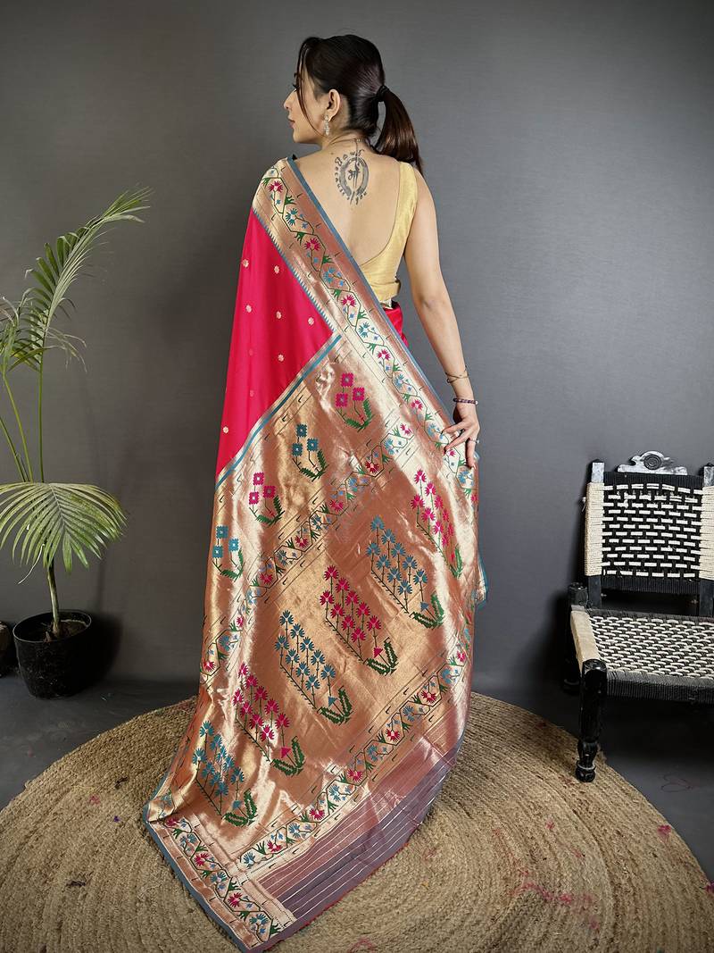 crimson lichi silk blend ikkat floral motifs zari woven paithani saree