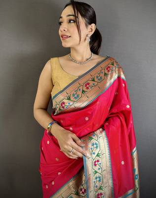 crimson lichi silk blend ikkat floral motifs zari woven paithani saree 4