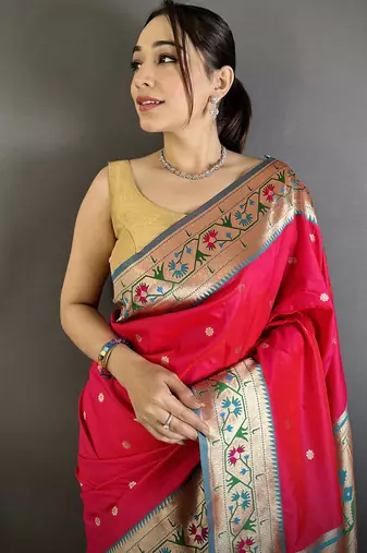 crimson lichi silk blend ikkat floral motifs zari woven paithani saree