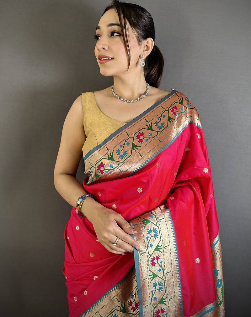 crimson lichi silk blend ikkat floral motifs zari woven paithani saree