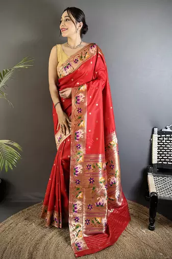 red lichi silk blend floral & meena weaving zari worked paithani saree
