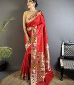 red lichi silk blend floral & meena weaving zari worked paithani saree