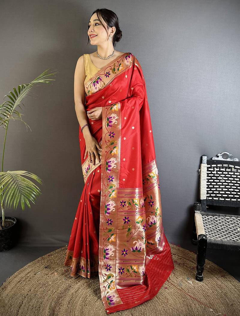 red lichi silk blend floral & meena weaving zari worked paithani saree