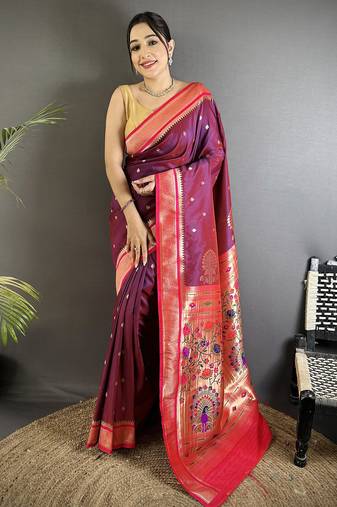 wine lichi silk blend peacock & floral motifs zari weaving paithani saree