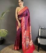 wine lichi silk blend peacock & floral motifs zari weaving paithani saree