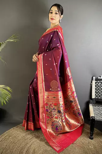wine lichi silk blend peacock & floral motifs zari weaving paithani saree