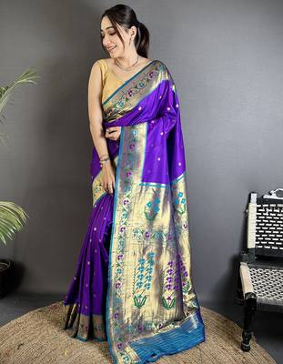purple lichi silk blend ikkat floral motifs zari woven paithani saree 1