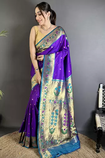 purple lichi silk blend ikkat floral motifs zari woven paithani saree