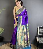 purple lichi silk blend ikkat floral motifs zari woven paithani saree