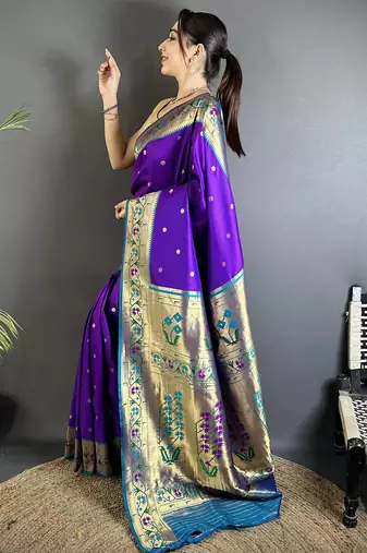 purple lichi silk blend ikkat floral motifs zari woven paithani saree