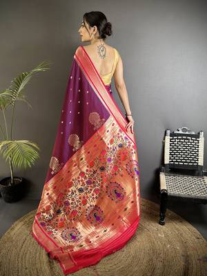 wine lichi silk blend peacock & floral motifs zari weaving paithani saree 3