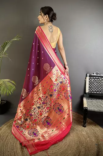 wine lichi silk blend peacock & floral motifs zari weaving paithani saree