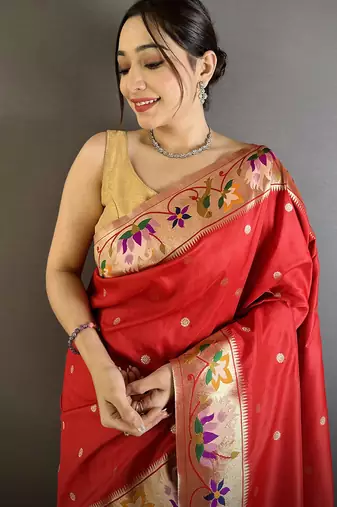 red lichi silk blend floral & meena weaving zari worked paithani saree