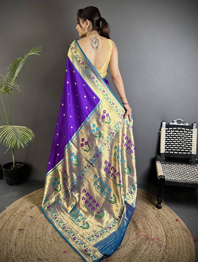 purple lichi silk blend ikkat floral motifs zari woven paithani saree