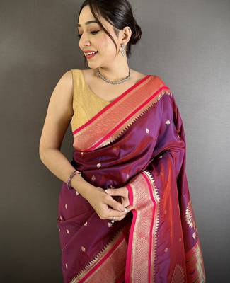 wine lichi silk blend peacock & floral motifs zari weaving paithani saree 4